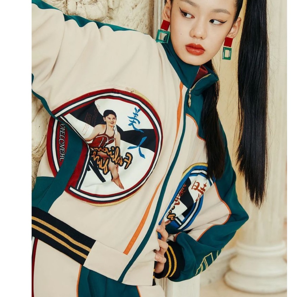 Fangyan Wangreenxchenclean Retro Green Striped Pocket Bomber Jacket Size M NWT